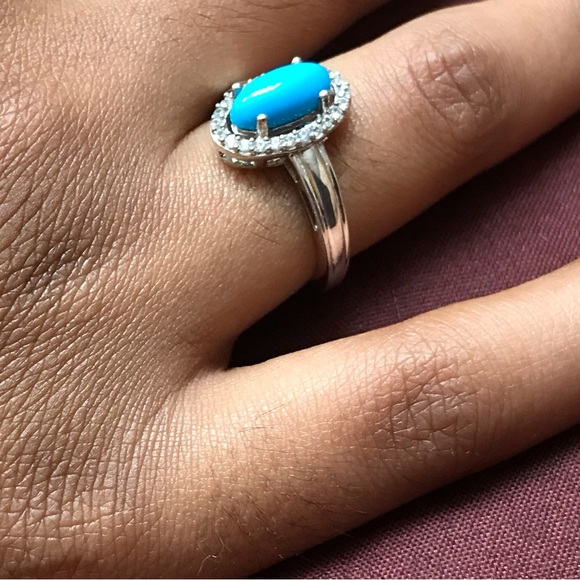 Sterling Silver Oval Turquoise CZ Ring Size 6 - Picture 4 of 14